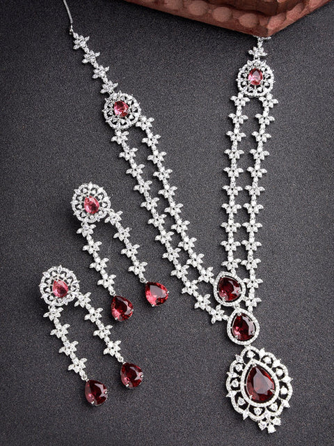 Women Silver-Plated Red CZ-Studded Handcrafted Jewellery Set