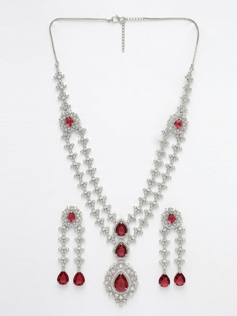 Women Silver-Plated Red CZ-Studded Handcrafted Jewellery Set