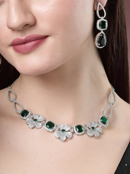 Green &amp; Silver-Plated American Diamond Handcrafted Jewellery Set