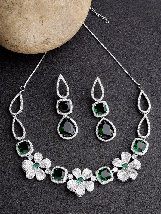 Green &amp; Silver-Plated American Diamond Handcrafted Jewellery Set