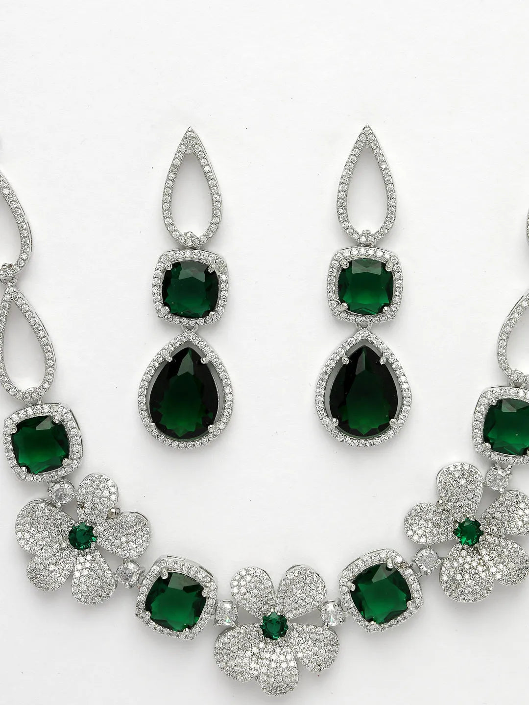 Green &amp; Silver-Plated American Diamond Handcrafted Jewellery Set