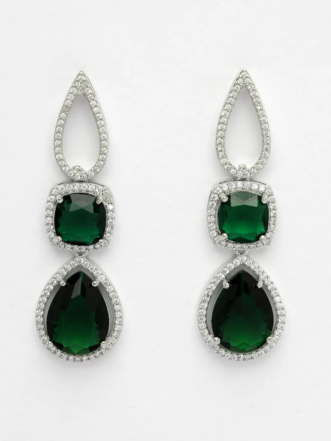 Green &amp; Silver-Plated American Diamond Handcrafted Jewellery Set