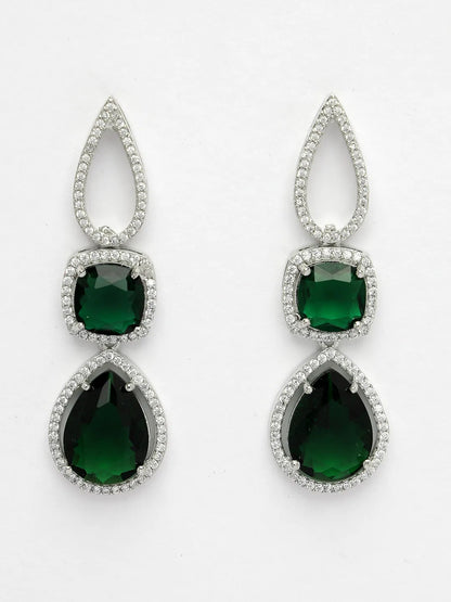 Green &amp; Silver-Plated American Diamond Handcrafted Jewellery Set