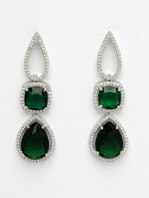 Green & Silver-Plated American Diamond Handcrafted Jewellery Set