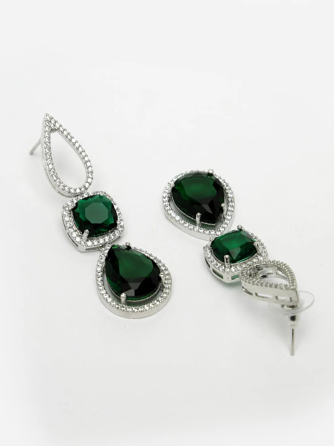 Green &amp; Silver-Plated American Diamond Handcrafted Jewellery Set