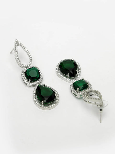 Green & Silver-Plated American Diamond Handcrafted Jewellery Set