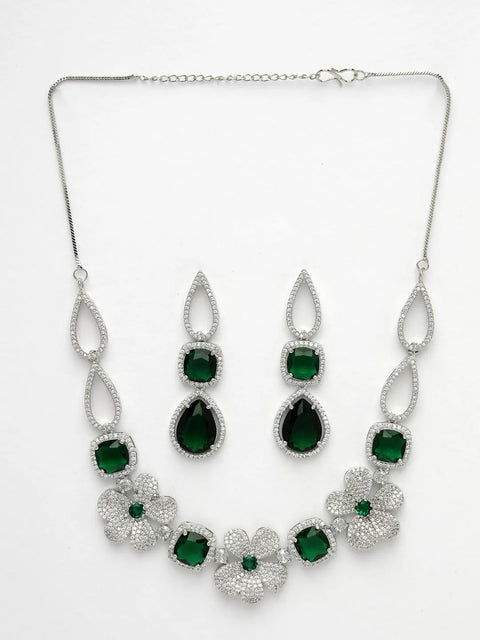 Green & Silver-Plated American Diamond Handcrafted Jewellery Set