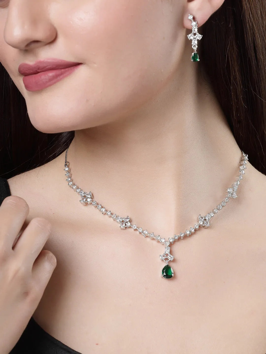 Silver-Plated Green American Diamond Studded Jewellery Set