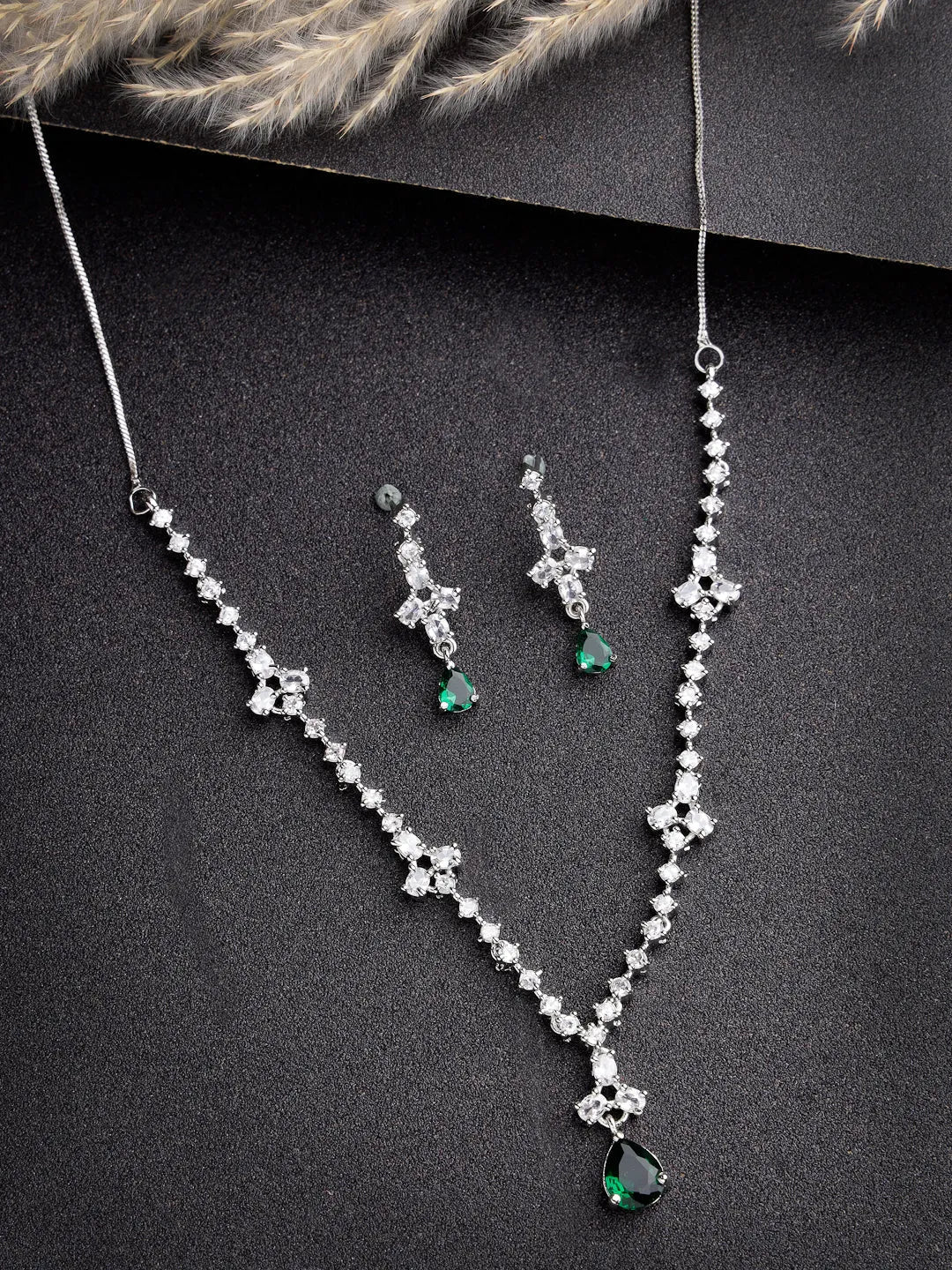 Silver-Plated Green American Diamond Studded Jewellery Set