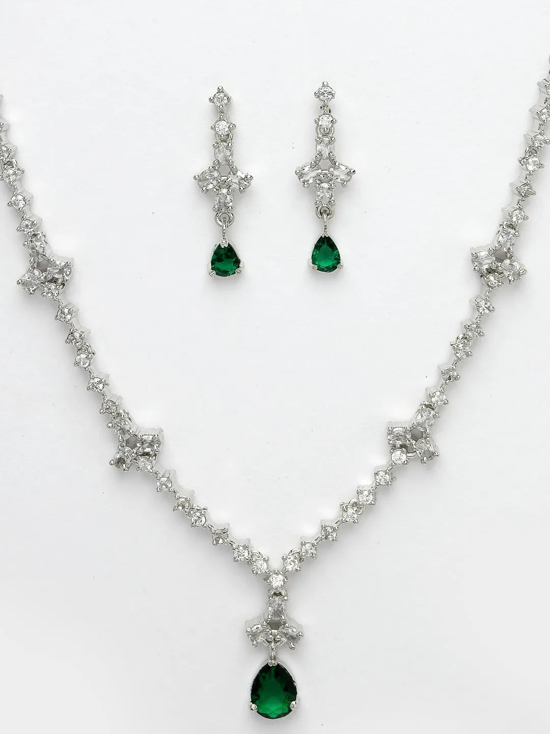 Silver-Plated Green American Diamond Studded Jewellery Set