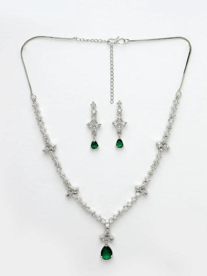 Silver-Plated Green American Diamond Studded Jewellery Set