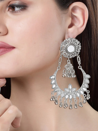 Silver-Plated Mirror Work Oxidised Chandbali Earrings