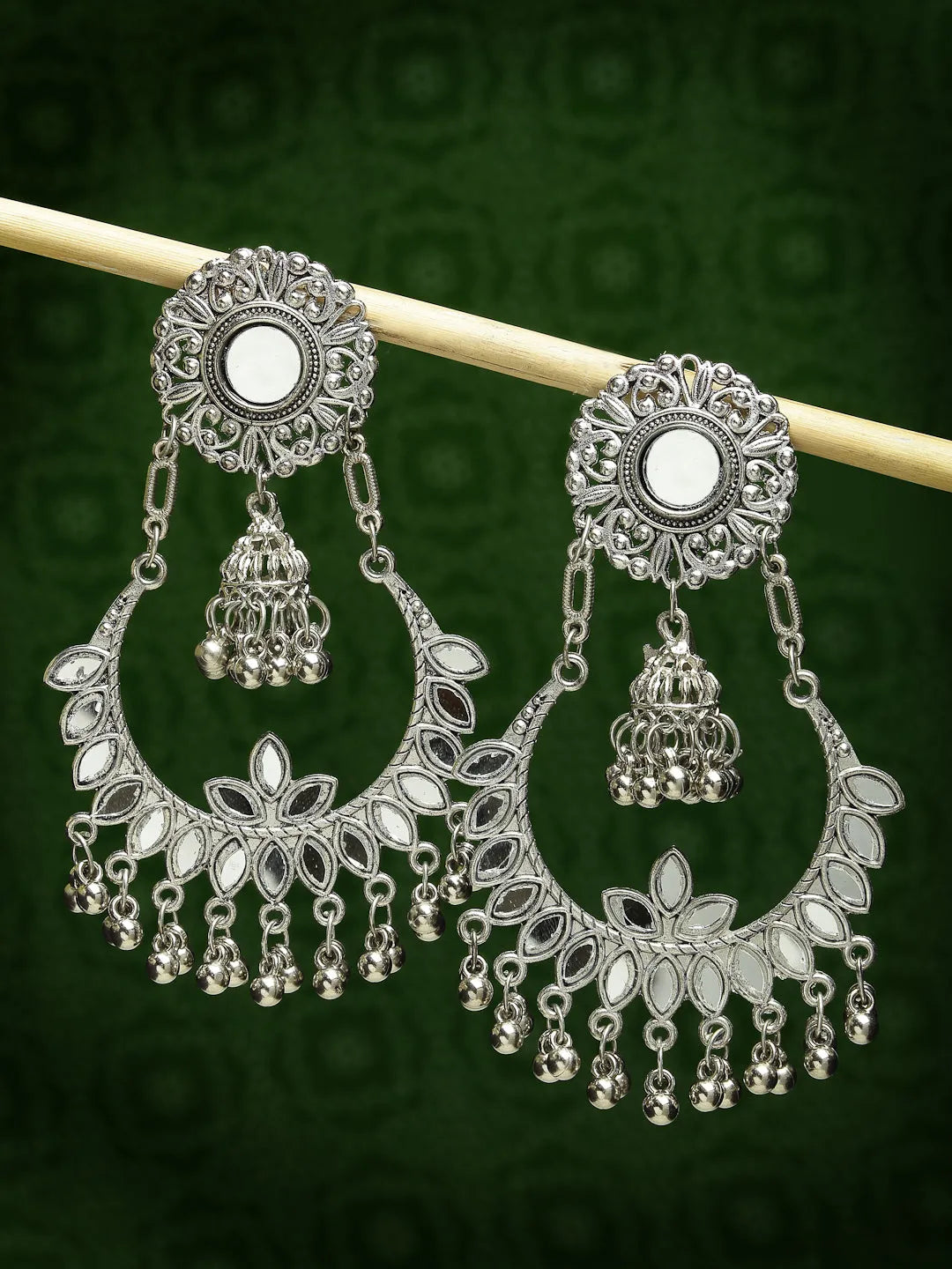 Silver-Plated Mirror Work Oxidised Chandbali Earrings