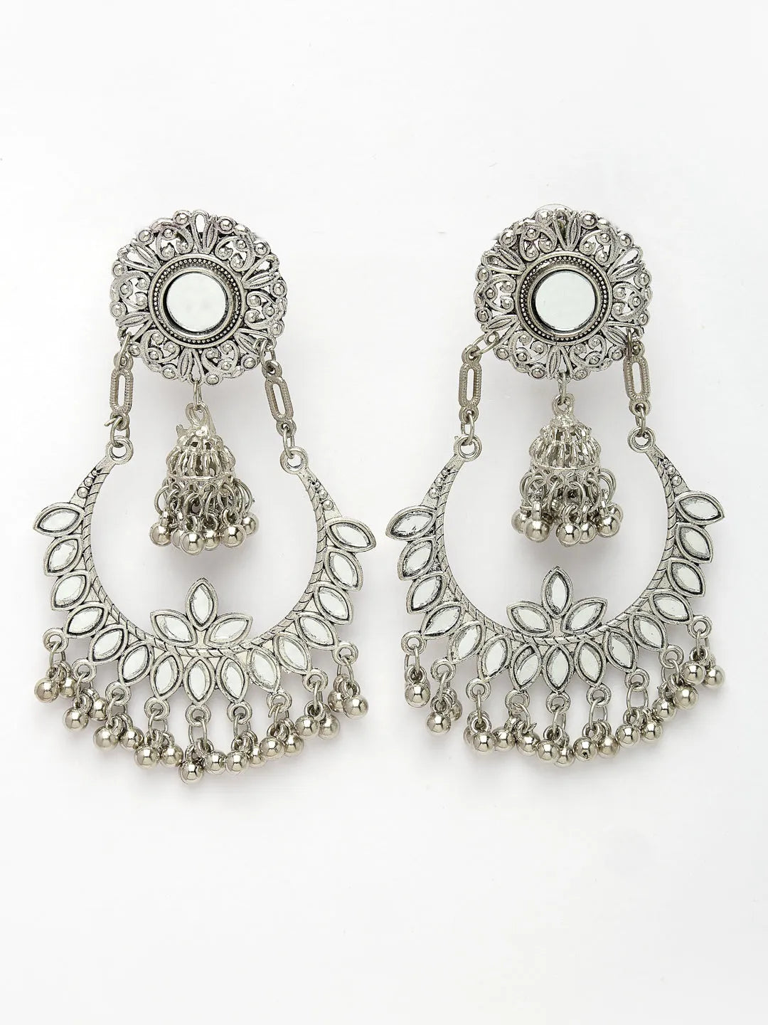 Silver-Plated Mirror Work Oxidised Chandbali Earrings