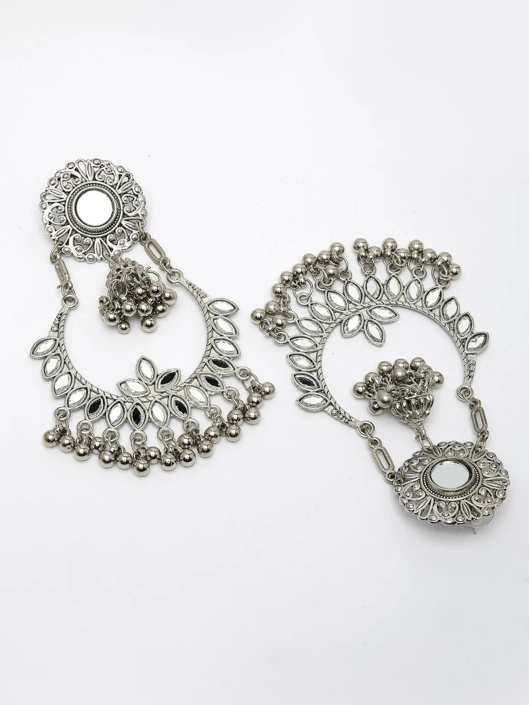 Silver-Plated Mirror Work Oxidised Chandbali Earrings