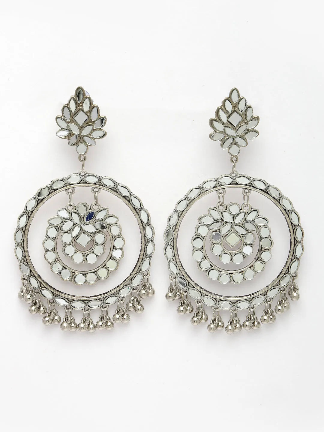 Silver-Toned Mirror Work Oxidised Contemporary Drop Earrings