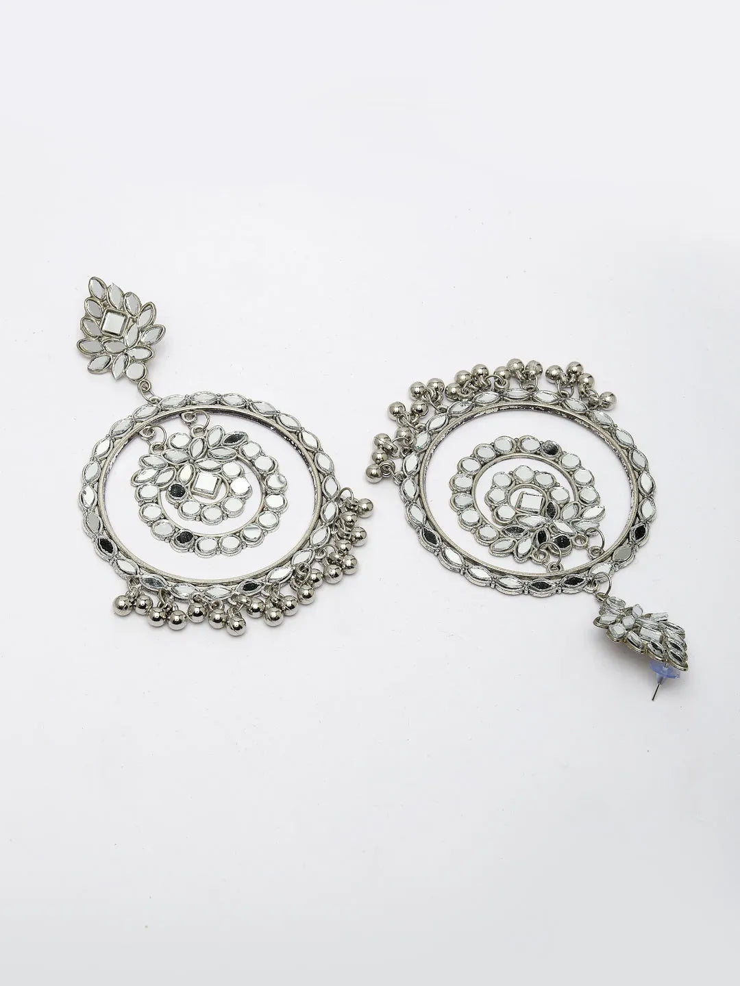 Silver-Toned Mirror Work Oxidised Contemporary Drop Earrings