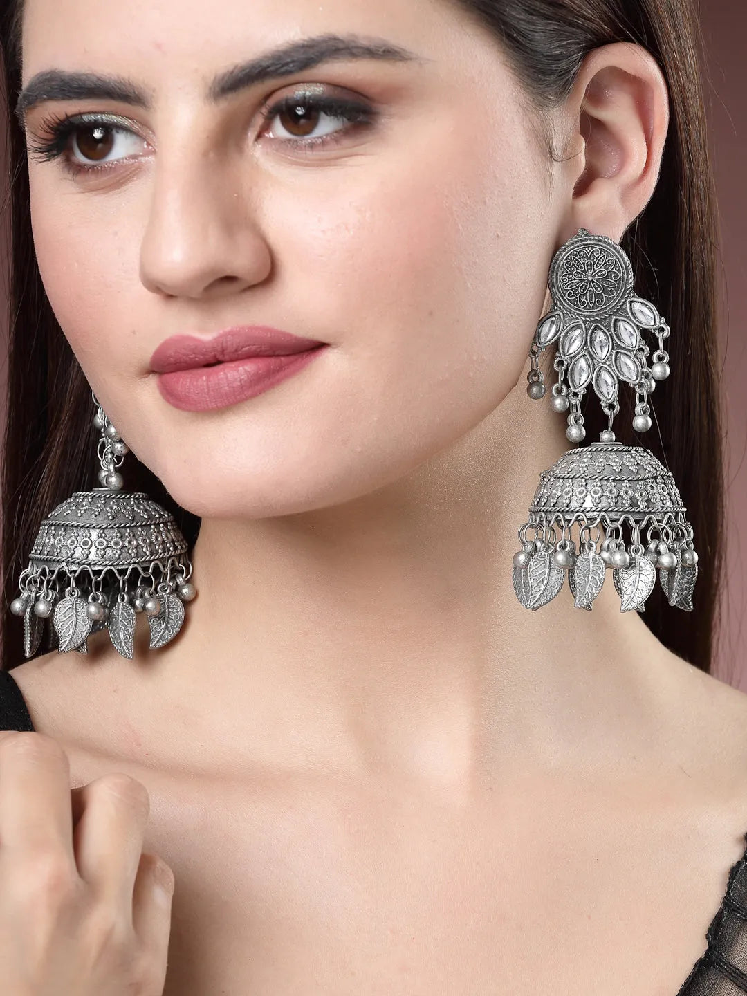 Silver-Plated Oxidised Artificial Stones Dome Shaped Jhumka Earrings