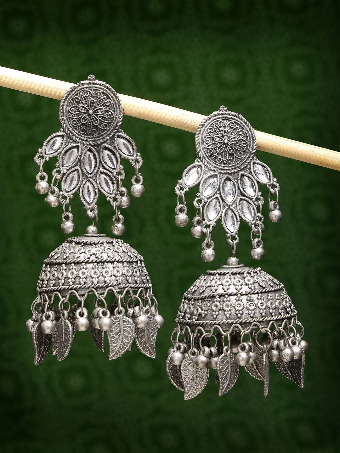 Silver-Plated Oxidised Artificial Stones Dome Shaped Jhumka Earrings