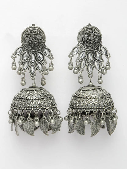 Silver-Plated Oxidised Artificial Stones Dome Shaped Jhumka Earrings