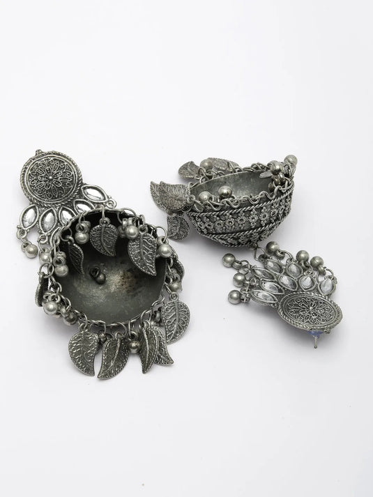 Silver-Plated Oxidised Artificial Stones Dome Shaped Jhumka Earrings