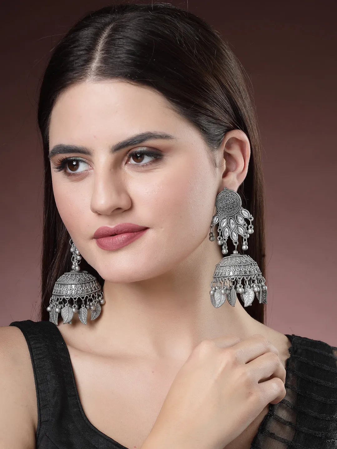 Silver-Plated Oxidised Artificial Stones Dome Shaped Jhumka Earrings