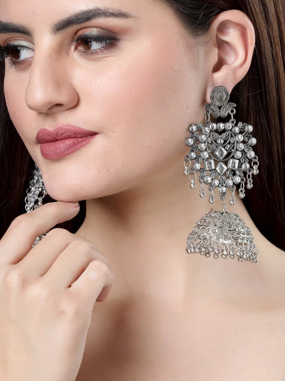 Silver-Plated Oxidised Artificial Stones Dome Shaped Jhumka Earrings