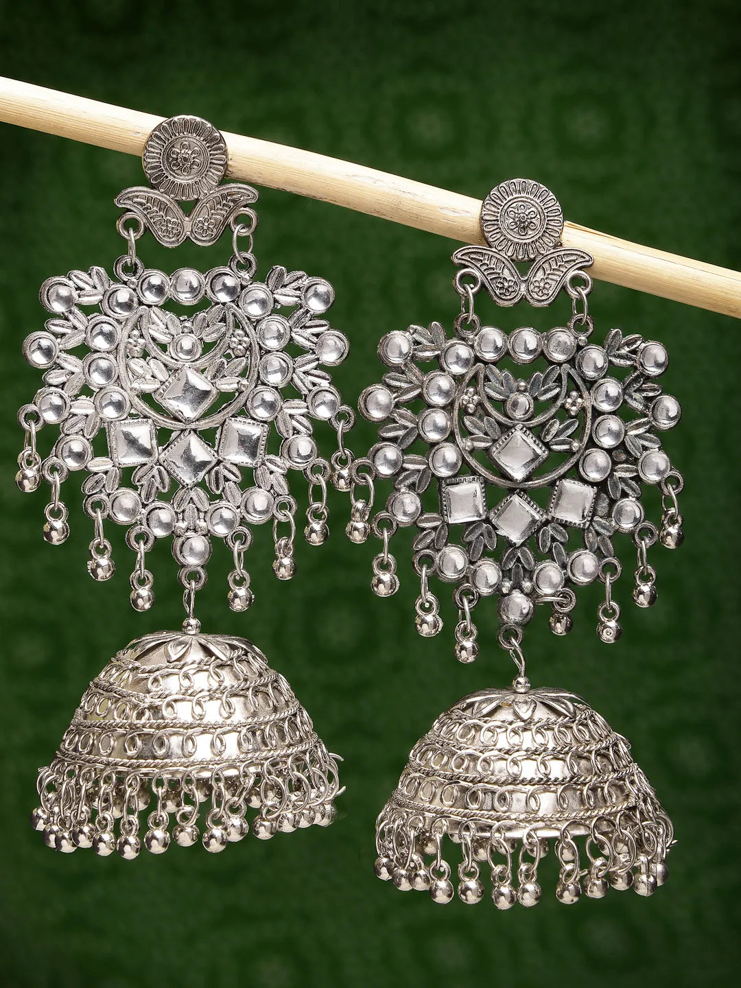 Silver-Plated Oxidised Artificial Stones Dome Shaped Jhumka Earrings