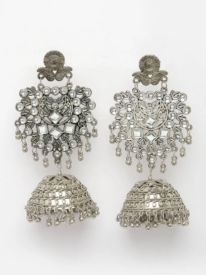 Silver-Plated Oxidised Artificial Stones Dome Shaped Jhumka Earrings