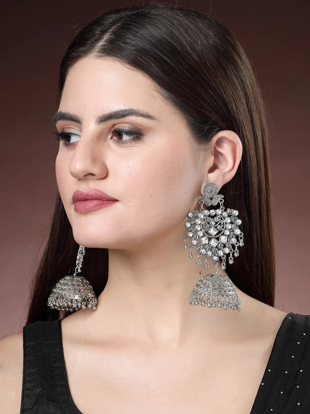 Silver-Plated Oxidised Artificial Stones Dome Shaped Jhumka Earrings