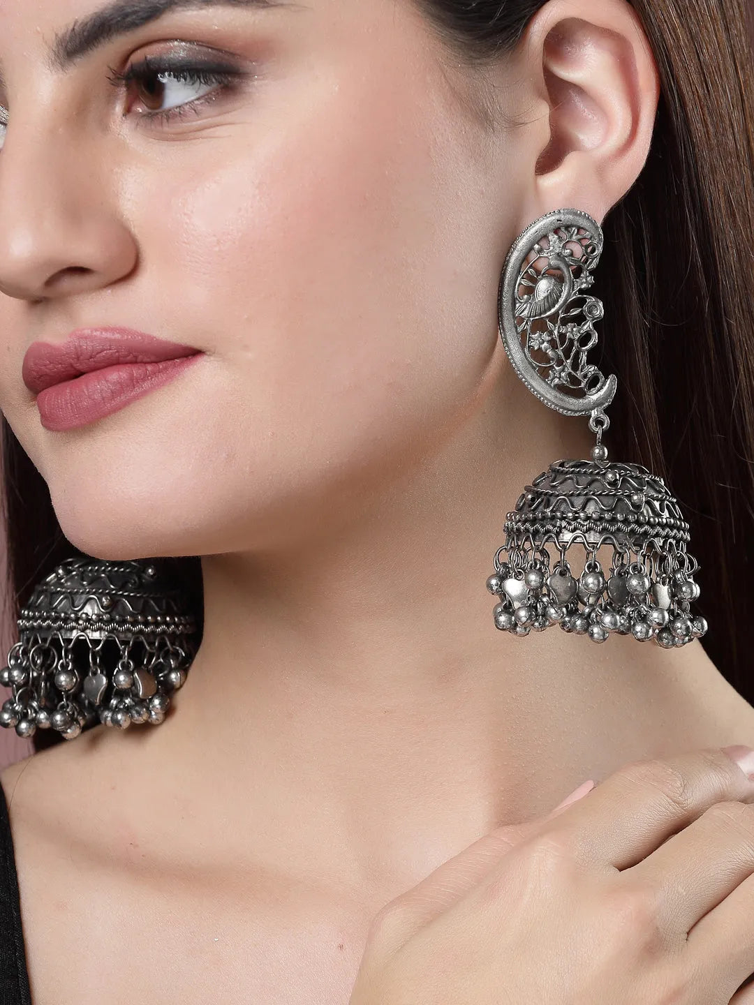 Silver-Plated Oxidised Dome Shaped Jhumka Earrings