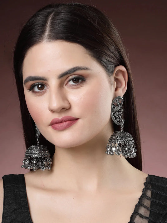 Silver-Plated Oxidised Dome Shaped Jhumka Earrings