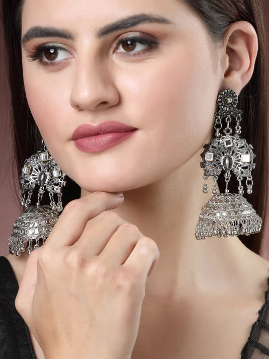 Silver Plated Mirror Work Oxidised Contemporary Jhumka Earrings