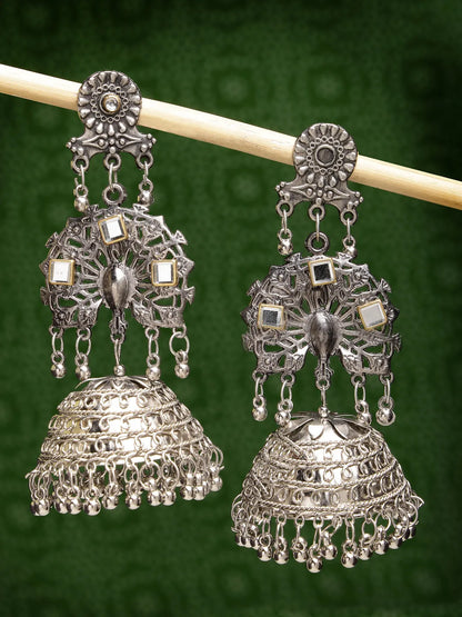 Silver Plated Mirror Work Oxidised Contemporary Jhumka Earrings