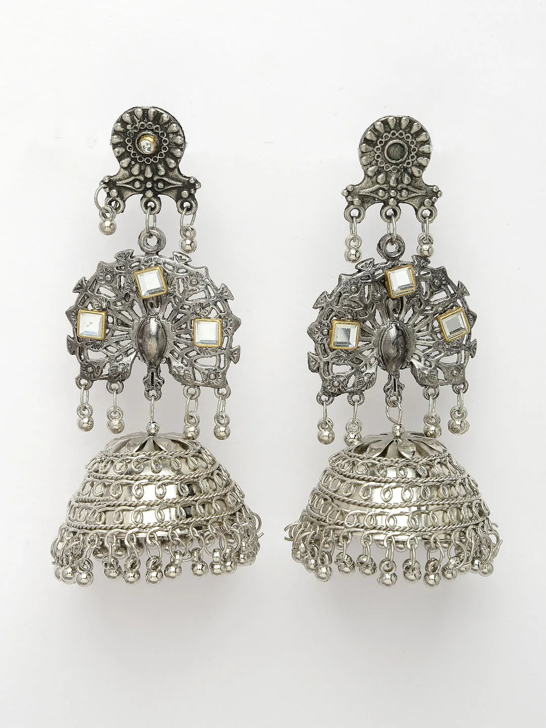 Silver Plated Mirror Work Oxidised Contemporary Jhumka Earrings