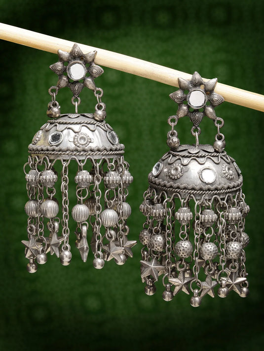 Silver Plated Mirror Work Oxidised Contemporary Jhumka Earrings