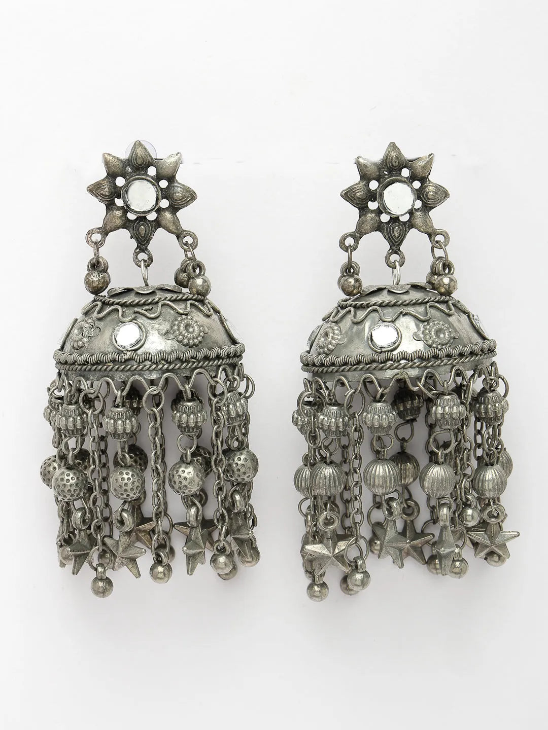 Silver Plated Mirror Work Oxidised Contemporary Jhumka Earrings