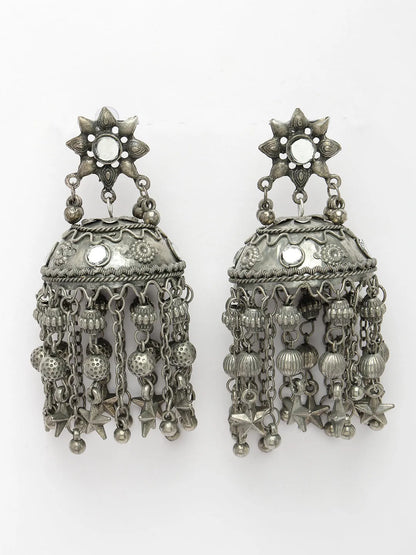 Silver Plated Mirror Work Oxidised Contemporary Jhumka Earrings