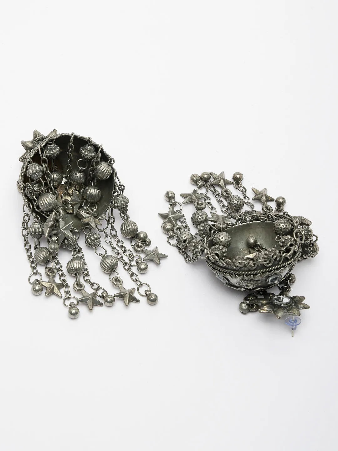 Silver Plated Mirror Work Oxidised Contemporary Jhumka Earrings