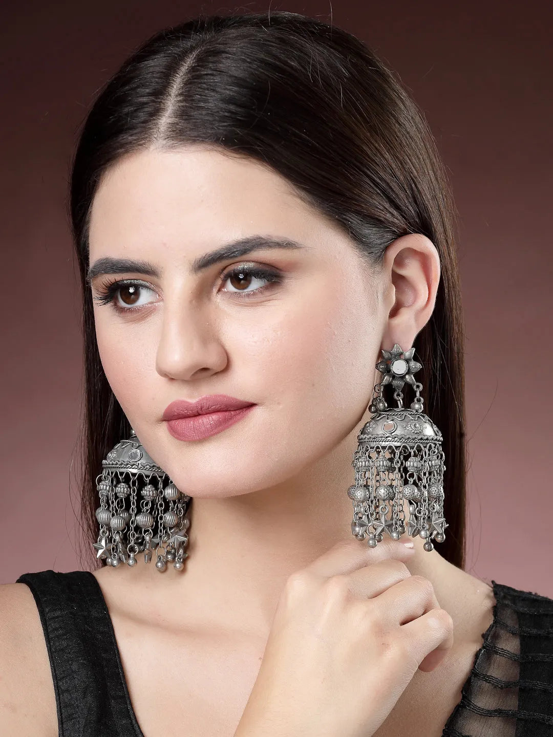 Silver Plated Mirror Work Oxidised Contemporary Jhumka Earrings