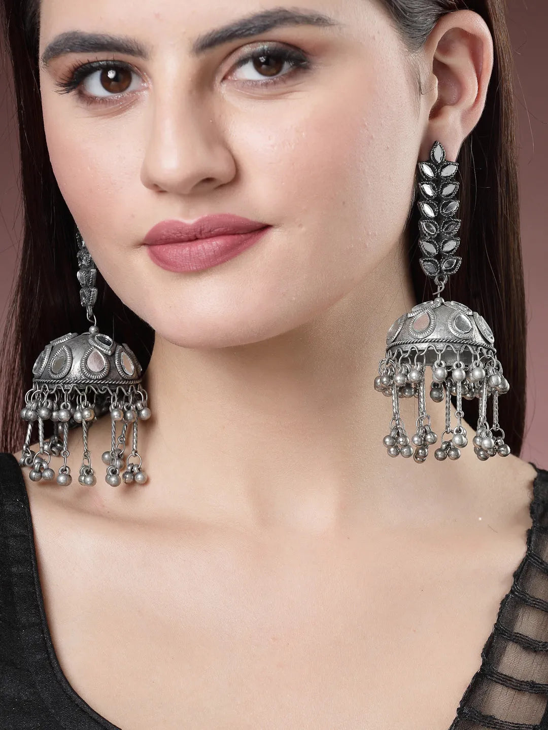 Silver Plated Mirror Work Oxidised Contemporary Jhumka Earrings