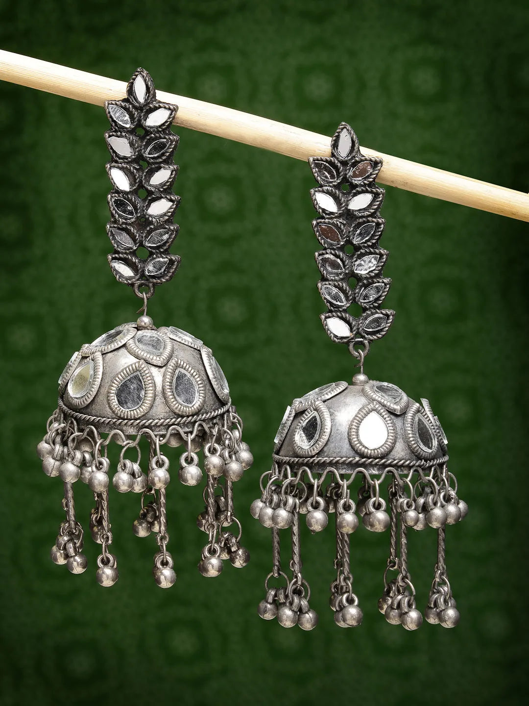 Silver Plated Mirror Work Oxidised Contemporary Jhumka Earrings