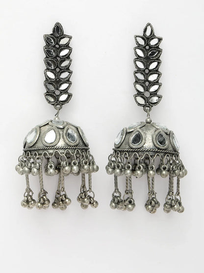 Silver Plated Mirror Work Oxidised Contemporary Jhumka Earrings