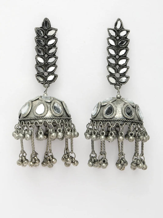 Silver Plated Mirror Work Oxidised Contemporary Jhumka Earrings