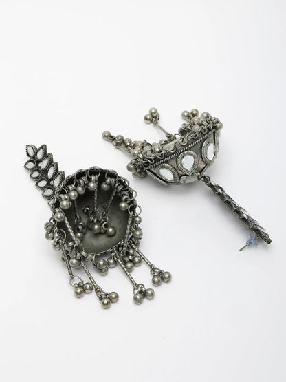 Silver Plated Mirror Work Oxidised Contemporary Jhumka Earrings