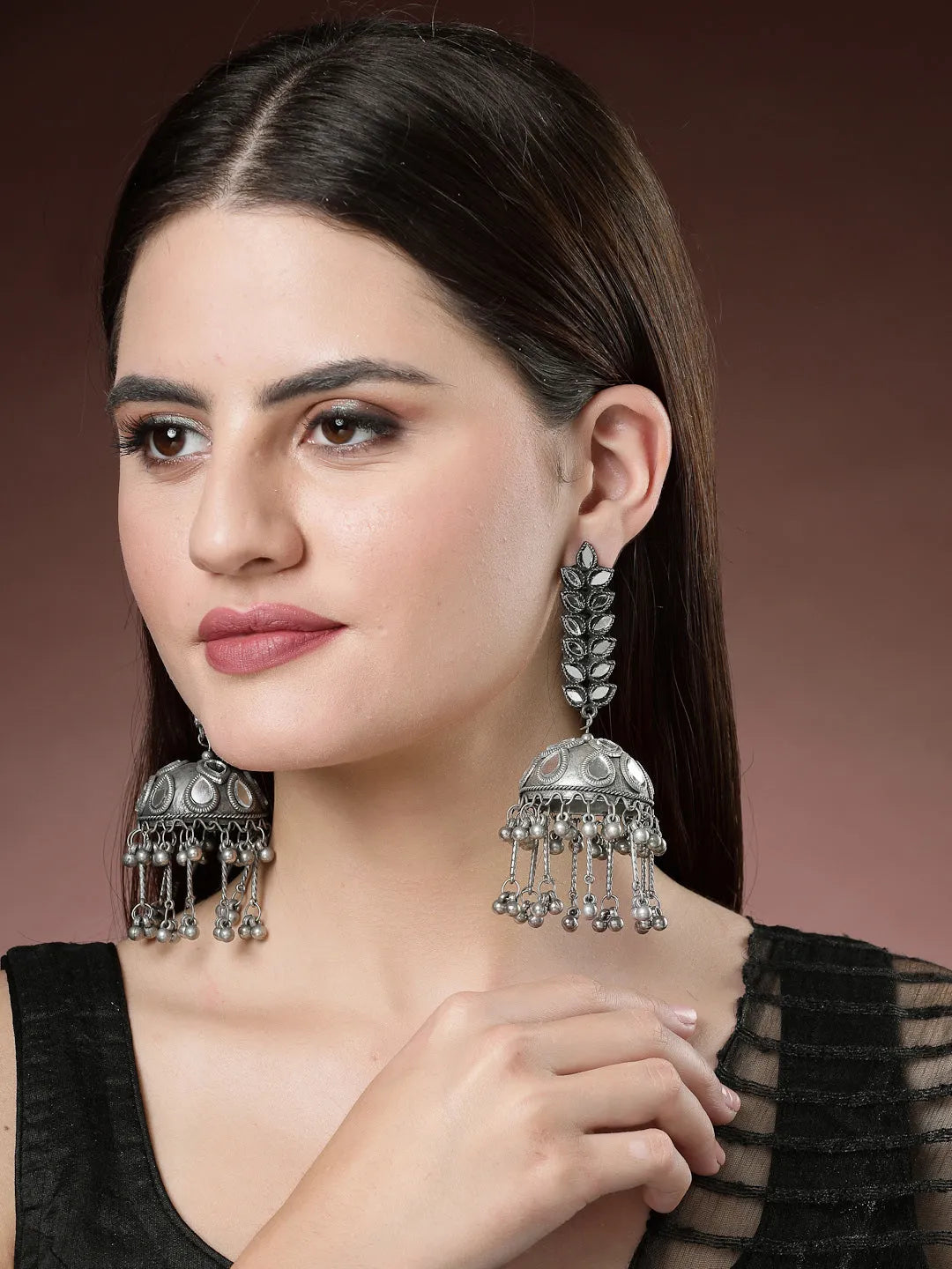 Silver Plated Mirror Work Oxidised Contemporary Jhumka Earrings