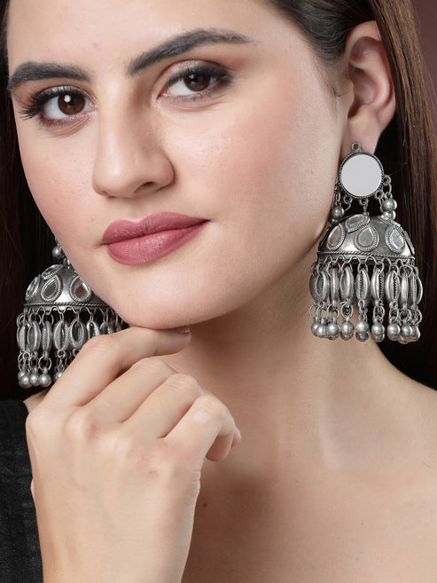 Women Silver Plated Mirror Work Oxidised Contemporary Jhumka Earrings