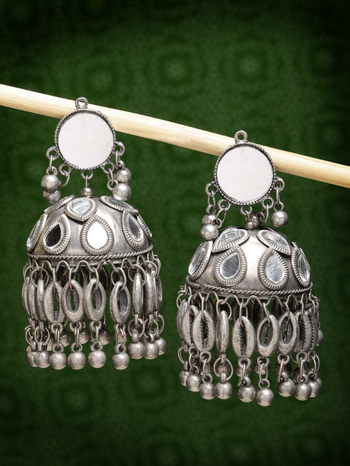 Women Silver Plated Mirror Work Oxidised Contemporary Jhumka Earrings