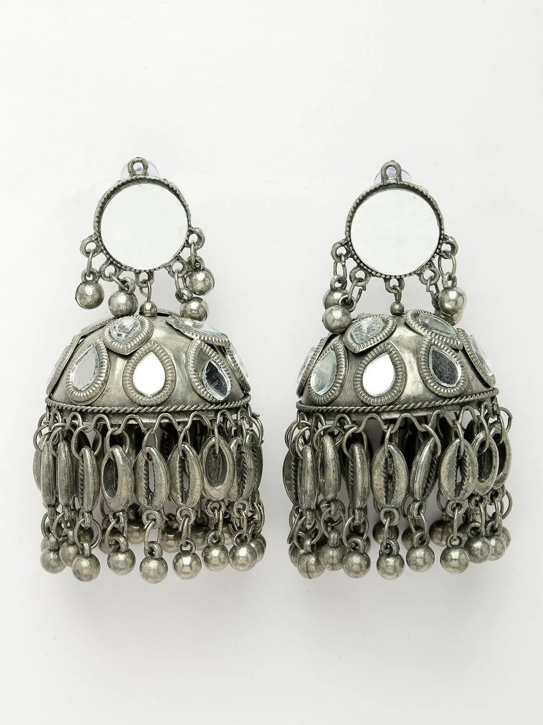 Silver Plated Mirror Work Oxidised Contemporary Jhumka Earrings