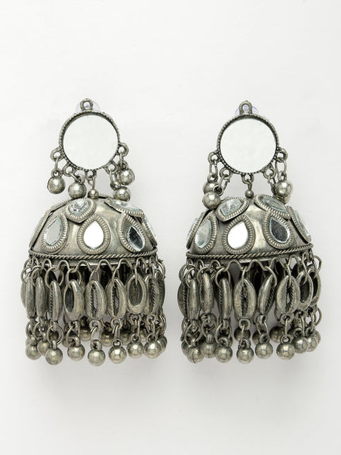 Women Silver Plated Mirror Work Oxidised Contemporary Jhumka Earrings